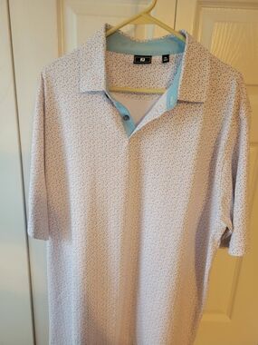 FootJoy Men’s White & Light Blue Microdot Polo with Contrasting Placket